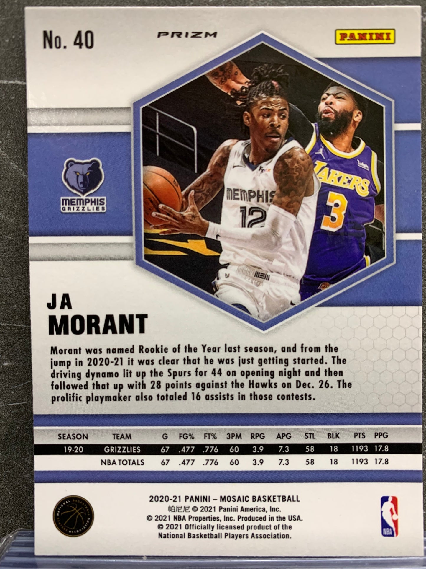 2020-21 Panini Mosaic Mosaic #40 Ja Morant Memphis Grizzlies