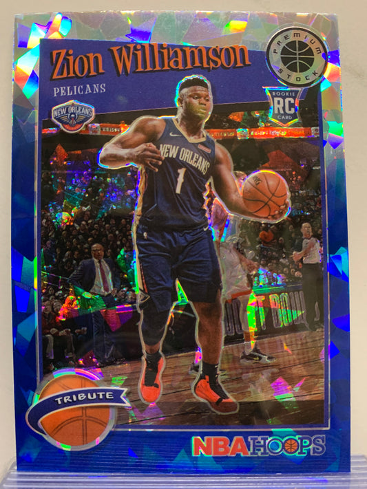 2019-20 Hoops Premium Stock Prizms Blue Cracked Ice #296 Zion Williamson RC