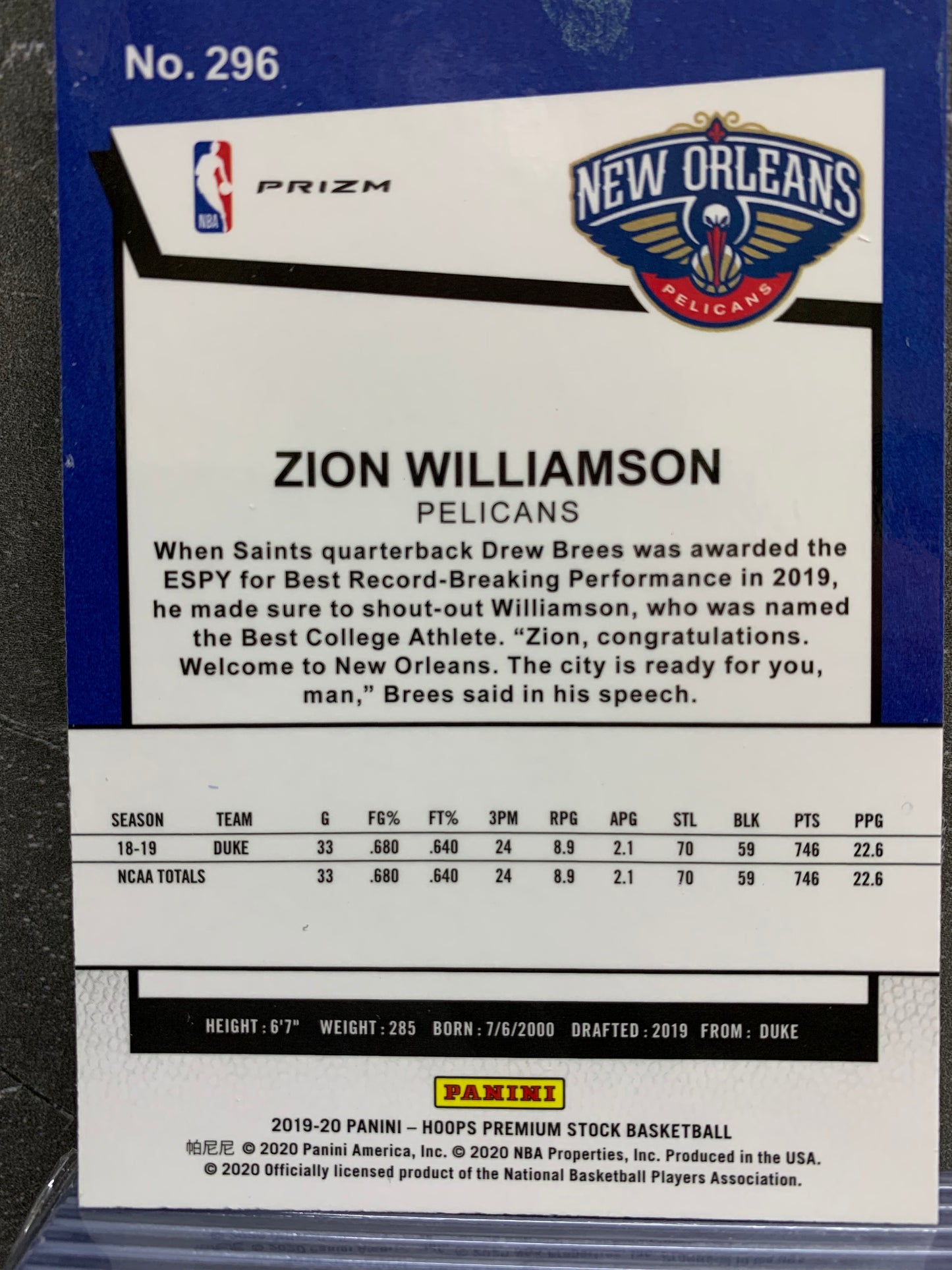 2019-20 Hoops Premium Stock Prizms Blue Cracked Ice #296 Zion Williamson RC