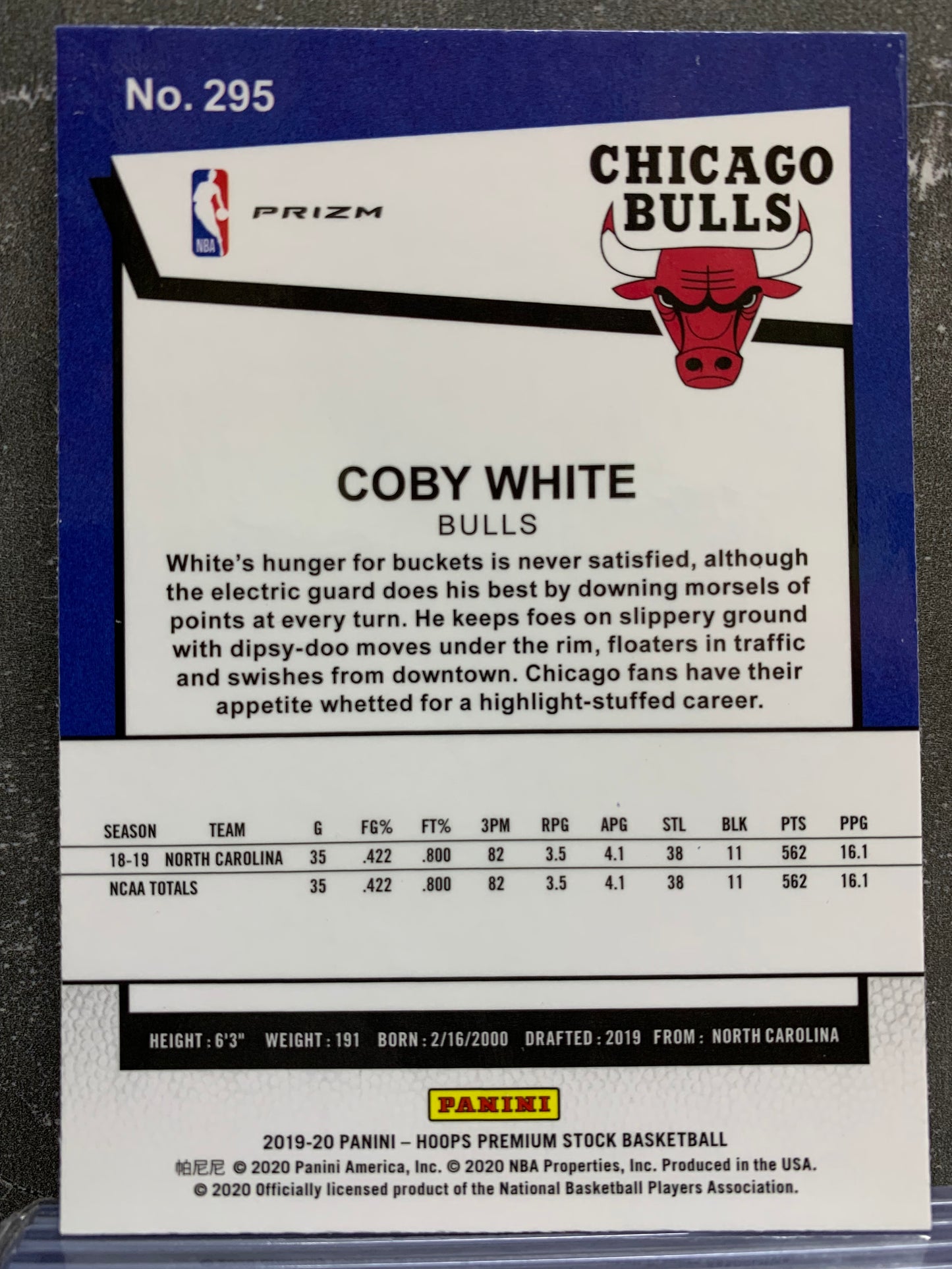 2019-20 Hoops Premium Stock Prizms Blue Cracked Ice #295 Coby White RC