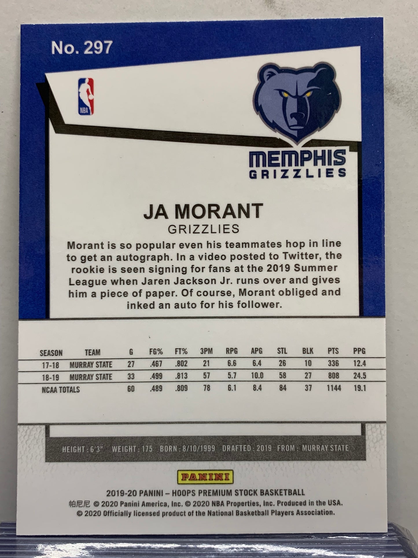 2019-20 Hoops Premium Stock #297 Ja Morant RC Memphis Grizzlies