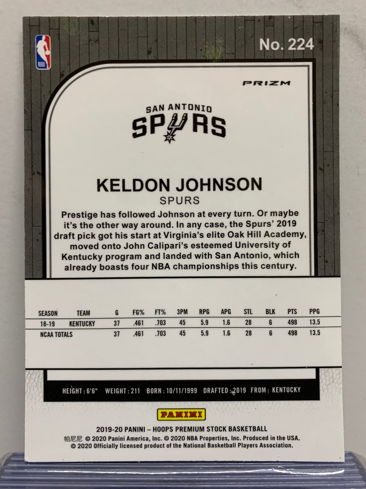 2019-20 Hoops Premium Stock Prizms Green #224 Keldon Johnson